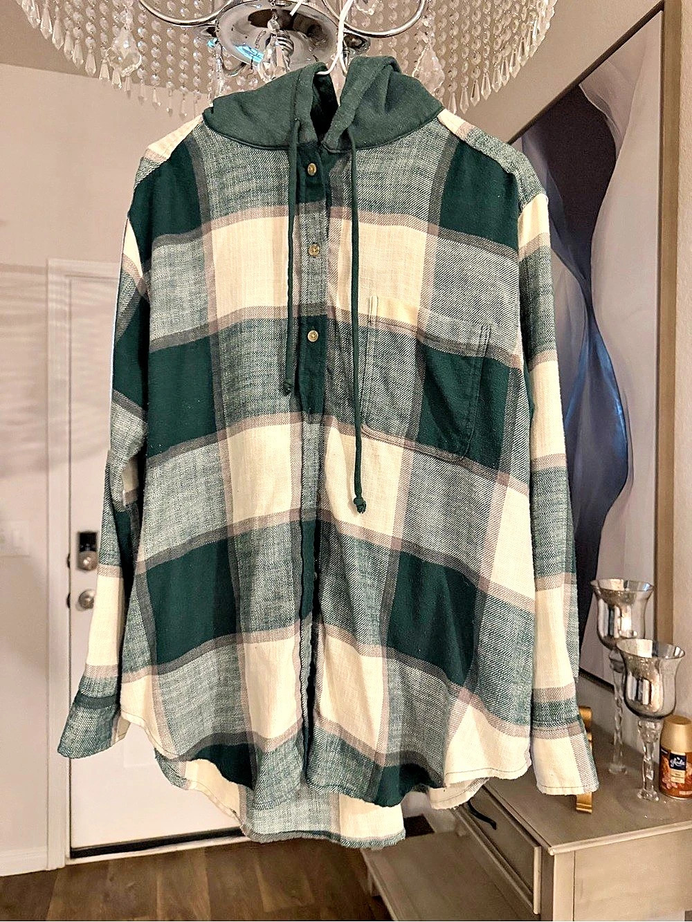American Eagle AE Hooded Flannel Shirt Plaid Green & Cream Large
